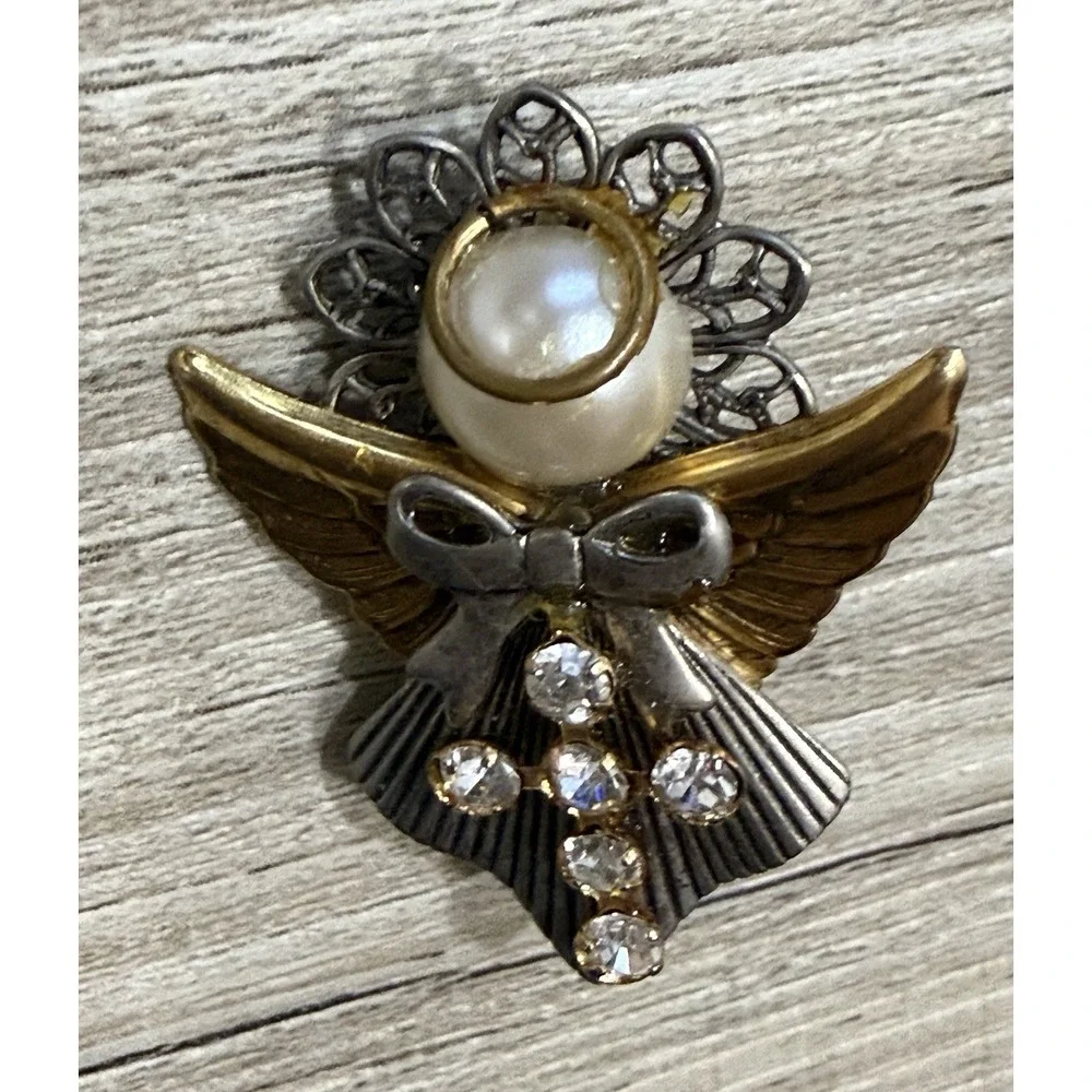 Vintage Brooch Pin Angel Gold Silver Tone with Cross Ten Thousand Angels